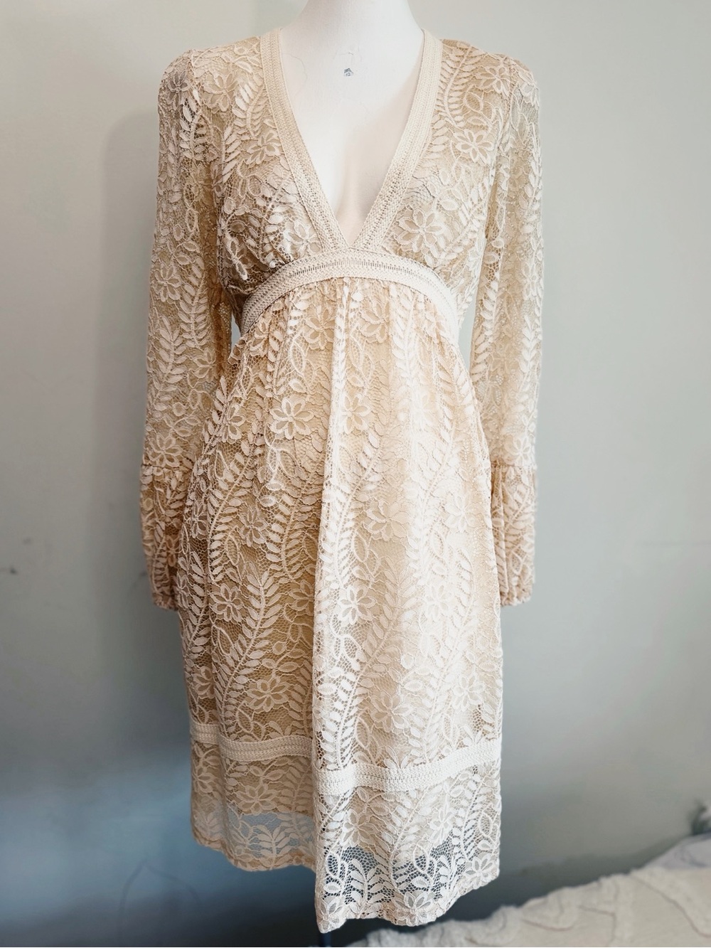 Mystree Cream Floral Lace Boho Mini Dress Size S NWT Long Sleeve Romantic